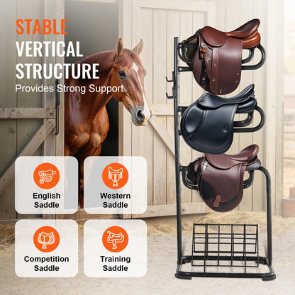 Saddle Rack Freestanding 3-Tier – VEVOR Rotating Heavy-Duty Carbon Steel Saddle Stand for English & Western Saddles | Multi-Layer Tack Storage, Rust-Resistant, Easy Assembly, Black