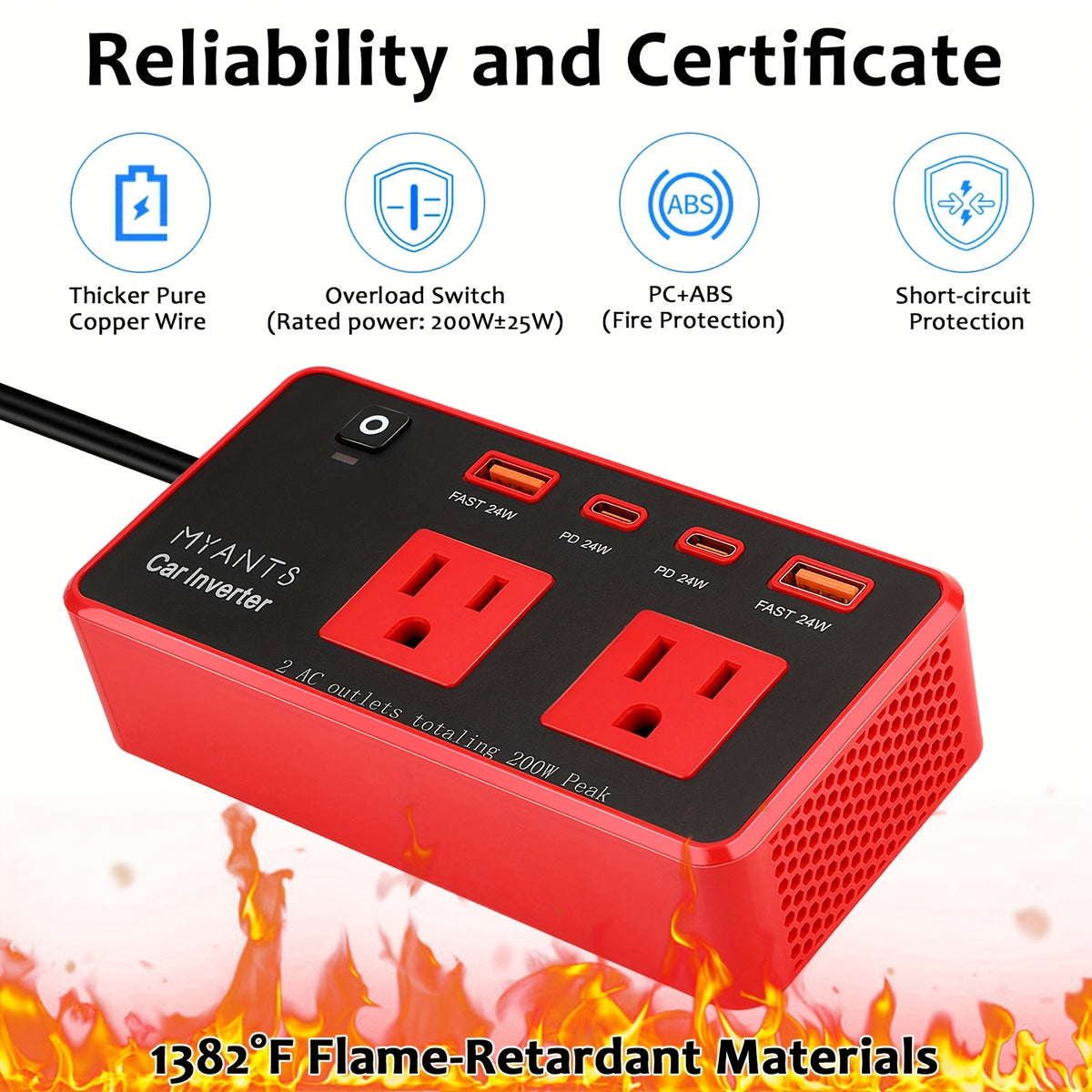 MYANTS 200W Peak Car Inverter, DC 12V to 110V AC Power Inverter for Vehicles, PD 24W USB-C, Dual USB Ports & QC3.0 Fast Charging Ports, High-Speed Charging, Compact Design, No Battery, for MYANTS Car Charger Adapte