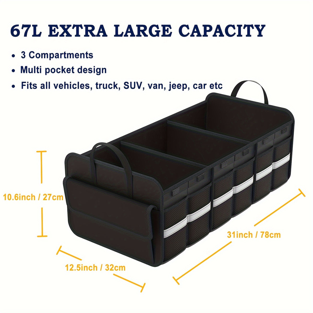 Trunk Organizer For SUV, Large Trunk Organizer For Car, Collapsible Multi-Compartment Car Trunk Organizer, Sturdy Cargo Trunk Storage Organizer, Non Slip Bottom