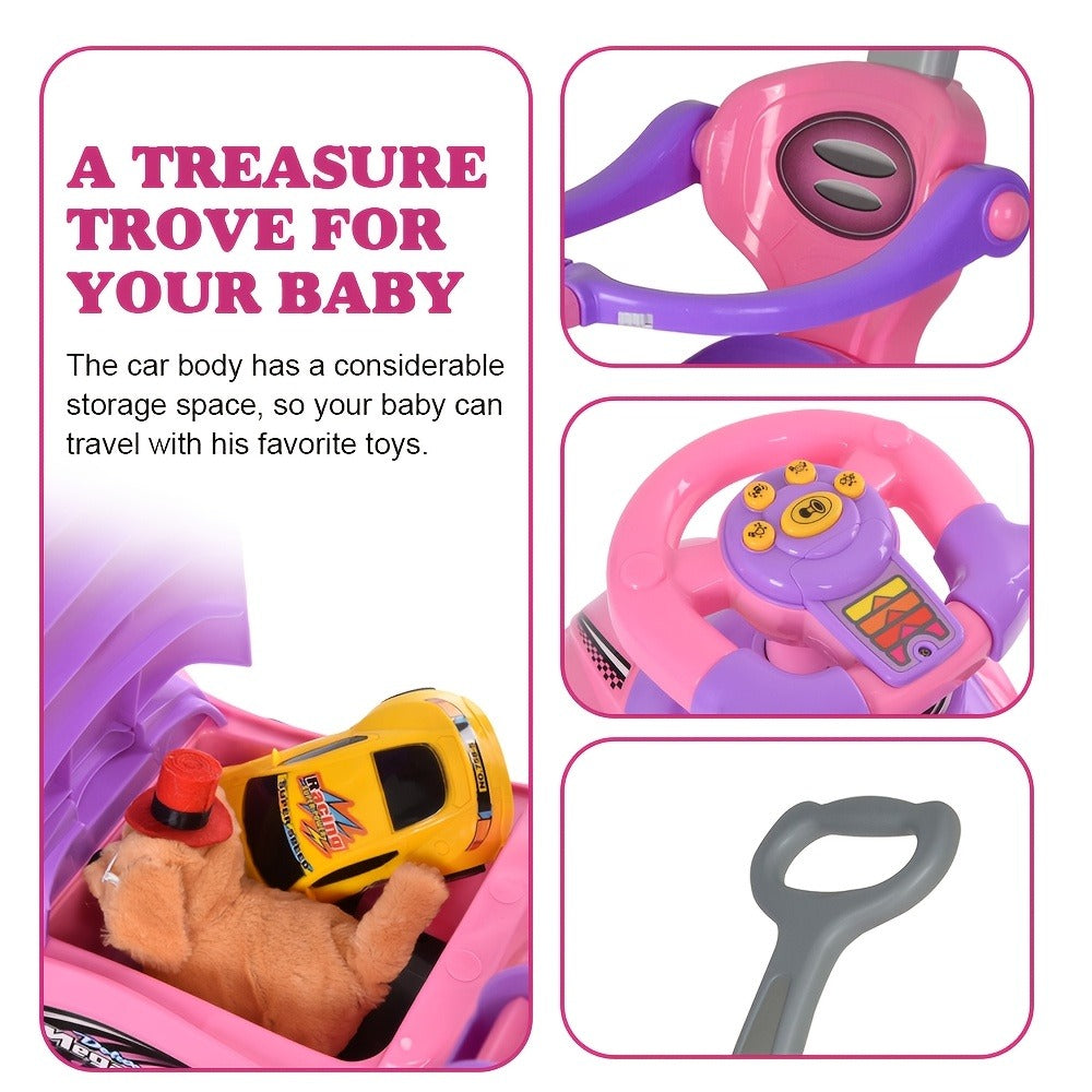 3-in-1 Toddler Push Ride & Walker Car – Baby Ride-On Toy with Guardrail, Music & Under-Seat Storage for Ages 18–36 Months | Indoor Outdoor Safe Play | Pink, Red
