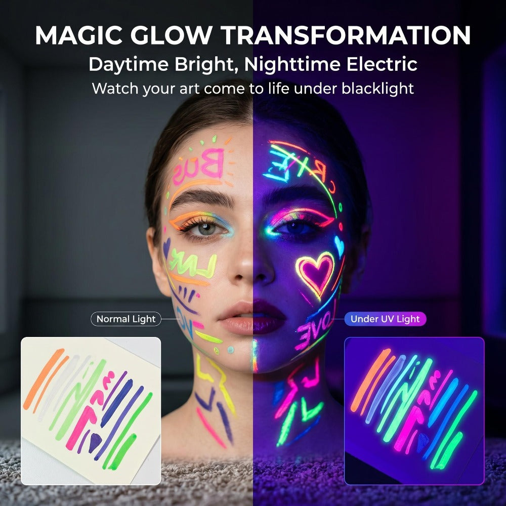 Face Body Paint Pens 18 Colors with Reusable Stencils – Washable Neon Glow in the Dark Skin-Safe Makeup Pens for Kids & Adults Parties Events Magic Shows Halloween Festivals Body Art