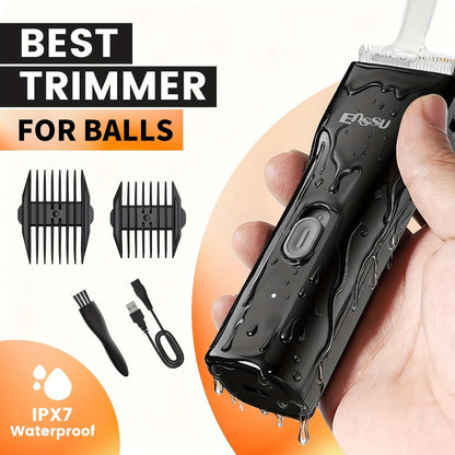 Ceramic Blade IPX7 Waterproof Ball Trimmer for Men Replaceable Head Electric Groin Pubic Body Hair Shaver LED Battery Display Safe Gentle Grooming Sensitive Areas Black Blue White