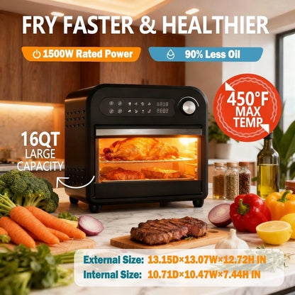 Air Fryer Toaster Oven Combo 15QT Extra Large, 360° Convection, LED Digital Display, Precise Temperature Control – Stainless Steel Interior, 5 Accessories, Healthy Low-Oil Cooking for Family Kitchen