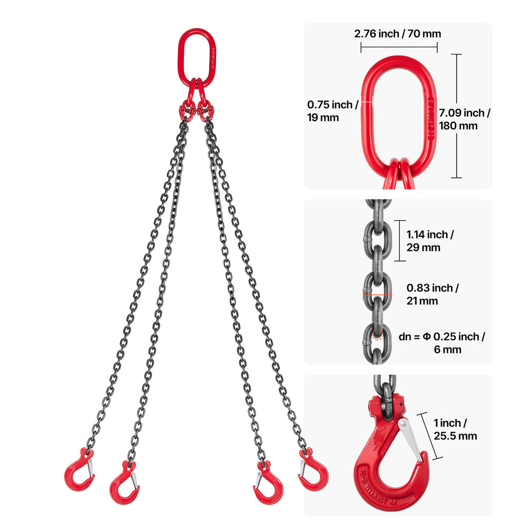 VEVOR Chain Sling, 1/4 in x 5 ft Lifting Chains with 4 Leg Grab Hooks, Heavy Duty G80 Alloy Steel Lifting Sling, 6600LBS Capacity, Adjustable Engine Chain Hoist Lifts for Cargo Security Towing