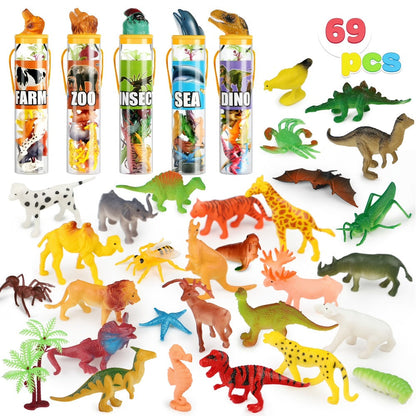 Animal Figures Toys for Kids 69pcs – 5-Set Nature World Mini Animal Figurines with Sensory Bin, Zoo, Ocean, Farm, Dinosaur & Jungle Animals, Easter Basket Stuffers & Birthday Party Favors