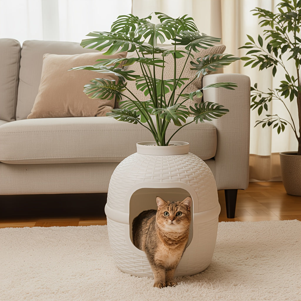 Hidden Litter Box Enclosure with Rattan Plant Design - Large Cat Litter Box Furniture, Waterproof PP, Easy Assembly, Odor Control Indoor Cat Cabinet, Off-White & Pink, Stylish Home Decor