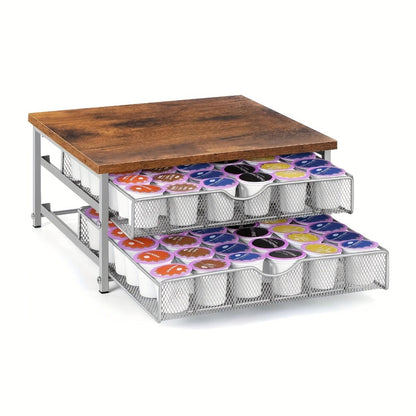 K-Cup Coffee Pod Holder 72 Capacity – 2-Tier Sliding Drawer Coffee Pod Organizer with Wood Top & Metal Frame, Non-Slip Base, Stackable Countertop Storage for Home, Office & Cafe – Silver