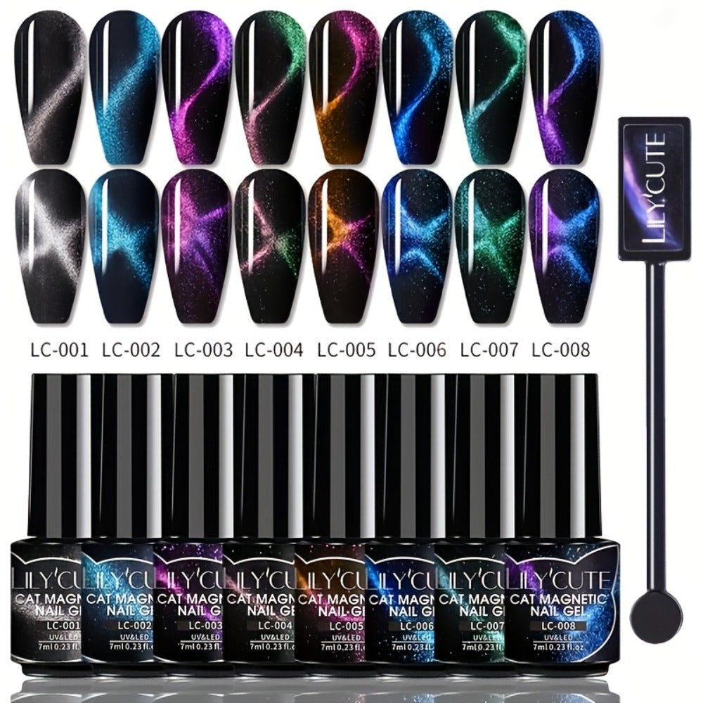 Cat Eye Gel Nail Polish Magnetic 8pcs Aurora Glitter Black Crystal Semi-Permanent — 3D Light-Shifting Nail Art Gel No Base Color Required 0.24oz LED UV Salon Home Manicure