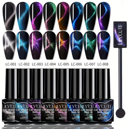 Cat Eye Gel Nail Polish Magnetic 8pcs Aurora Glitter Black Crystal Semi-Permanent — 3D Light-Shifting Nail Art Gel No Base Color Required 0.24oz LED UV Salon Home Manicure