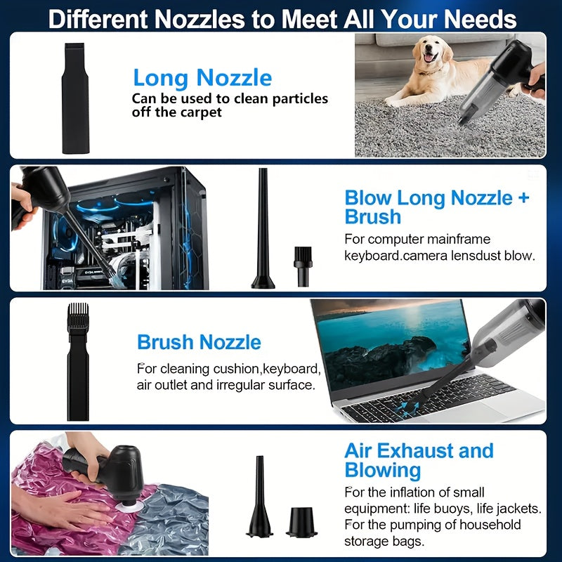 A Three In One Wireless Vacuum Cleaner with A High Power, Which Can Be Used for Suction, Air Extraction, And Blowing, Both In The Car And At Home. It Has An Extended Battery Life, Can Absorb Dust, Debris, Pet Hair, Air Extraction, And Dust Blowing