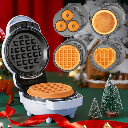 Mini Waffle Maker 4-in-1 with Removable Plates – Waffle, Pancake, Donut & Heart Shape, Non-Stick, Easy Clean, Recipe Included, Compact Breakfast Maker for Home