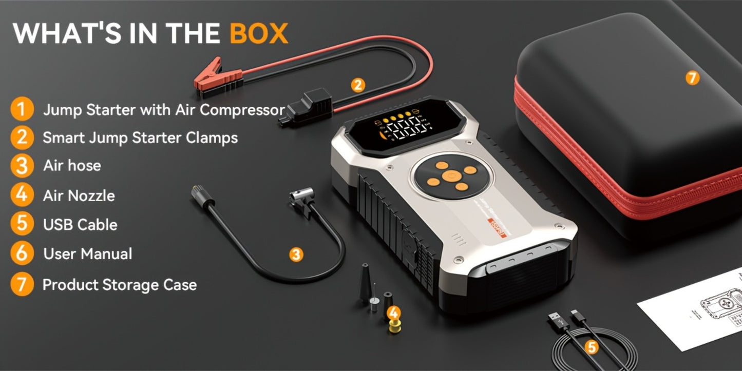 5000A Peak Jump Starter with Air Compressor 150PSI Digital Tire Inflator for 12V Gas Diesel Vehicles - Portable Car Battery Booster USB Charging LED Emergency