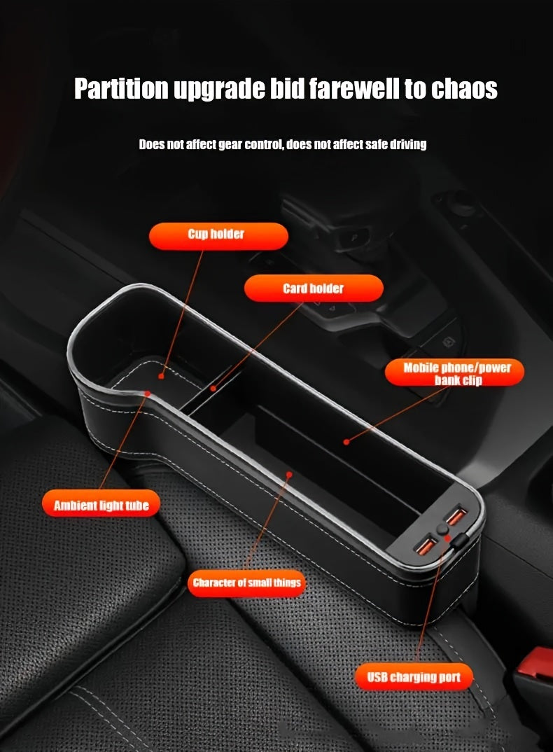Car Seat Gap Storage Box, Phone Holder Charger, Clutter Organizer, Car Seat Gap Organizer with LED Ambient Lighting, Faux Leather Multi-Function Console Side Bag with Dual USB Charging Ports, for Vehicle Interior Additions