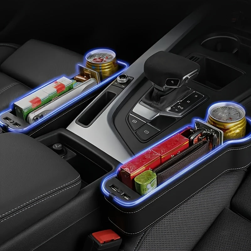 Car Seat Gap Storage Box, Phone Holder Charger, Clutter Organizer, Car Seat Gap Organizer with LED Ambient Lighting, Faux Leather Multi-Function Console Side Bag with Dual USB Charging Ports, for Vehicle Interior Additions