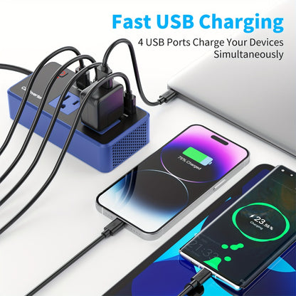 200W Car Power Inverter DC 12V to 110V AC with PD 24W USB-C Port, Dual USB & QC3.0 Fast Charging, Multi-Protection Car Charger Adapter for Vehicles Trucks RVs, Blue
