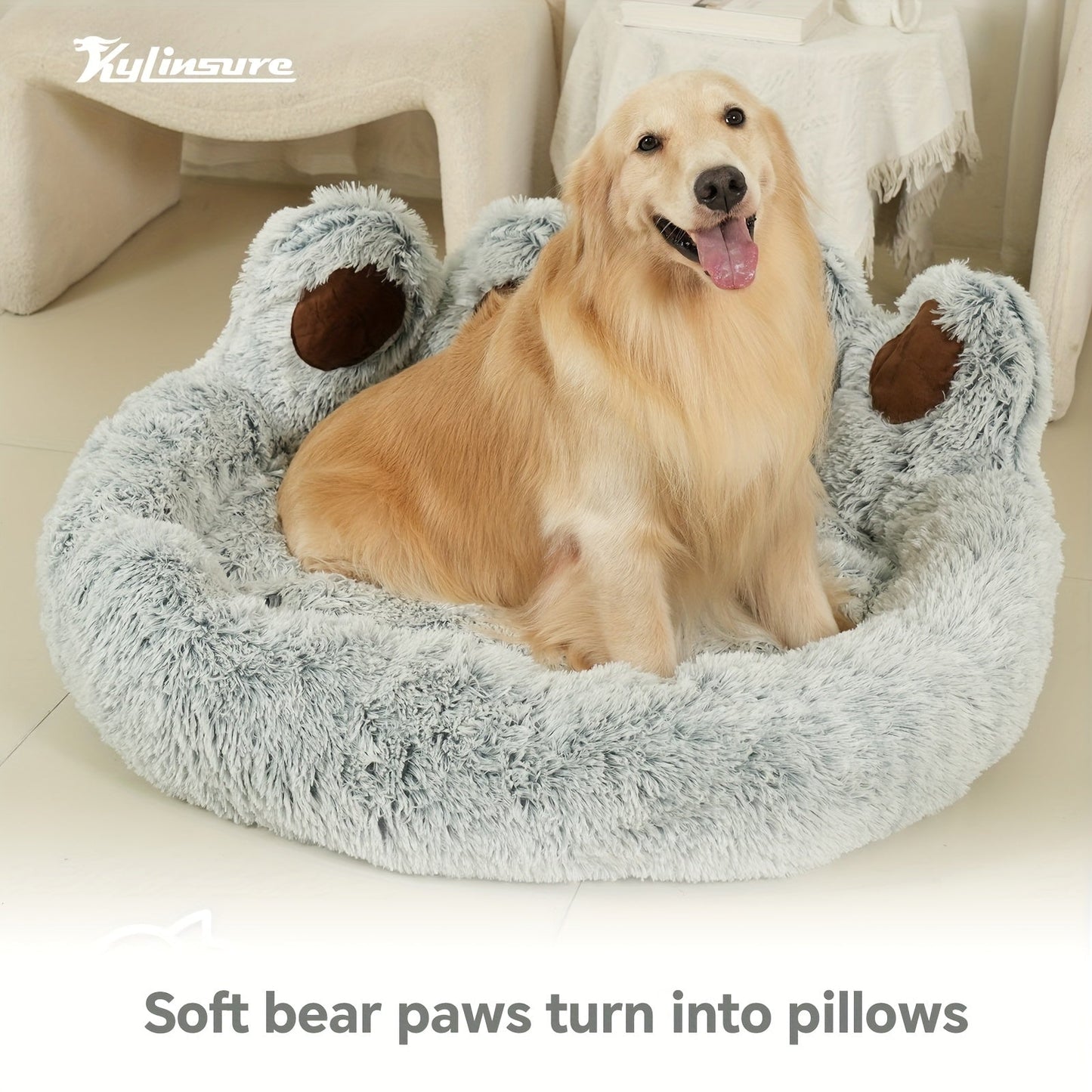 Dog Bed Cat Bed Bear Paw Shaped Donut – Calming Round Plush Pet Mattress, Warm & Soft Cuddler Bed for Dogs and Cats, Includes Pet Scarf, Sizes S to 2XL, Colors: Coffee, Pink, Grey, Brown