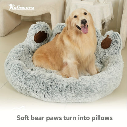 Dog Bed Cat Bed Bear Paw Shaped Donut – Calming Round Plush Pet Mattress, Warm & Soft Cuddler Bed for Dogs and Cats, Includes Pet Scarf, Sizes S to 2XL, Colors: Coffee, Pink, Grey, Brown