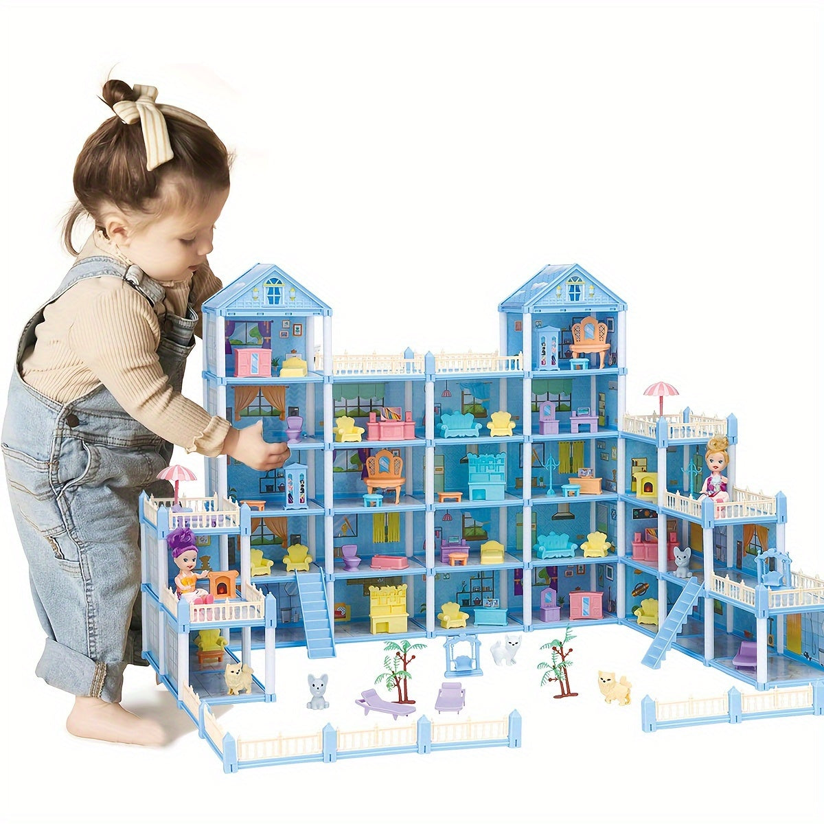 Princess Doll House Castle with Furniture & Accessories – Pink or Blue Mini Villa Playset 14 to 27 Rooms, Imaginative Play Logical Thinking Toy for Girls Ages 3+ Birthday Christmas Gift