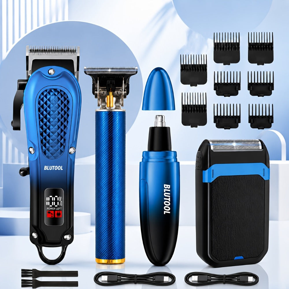 Electric Grooming Kit for Men with LCD Display - Cordless Rechargeable Hair Clipper & Trimmer Set, Home Travel & Car Use, Gift for Husband Boyfriend Dad, Black Blue
