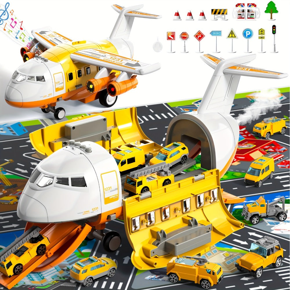 Jumbo Transport Airplane Toy for Kids with 10 Cars & Spray Mist, Cargo Plane Playset Toddler Boy Girl Birthday Gift Ages 3+