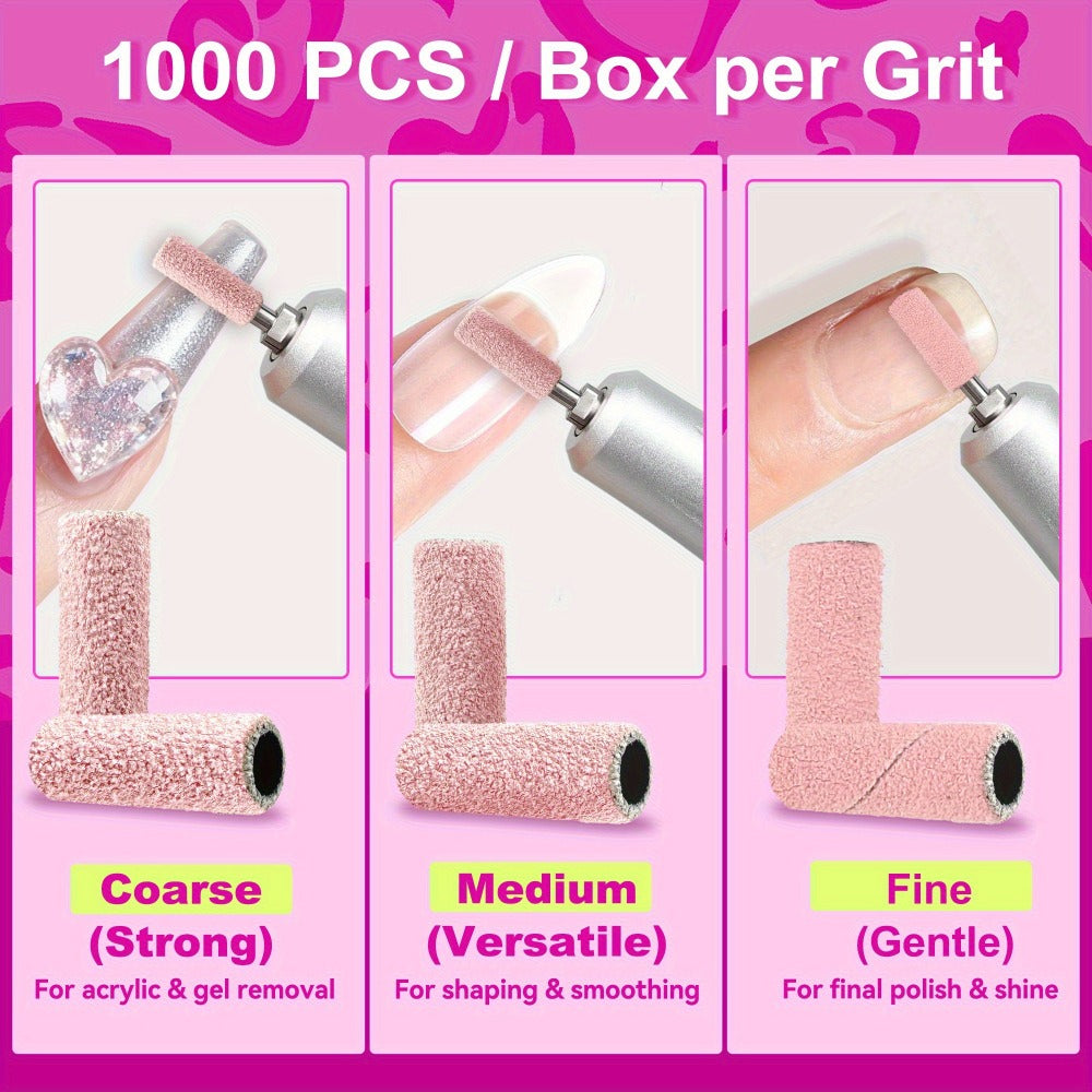 Nail Sanding Bands 1000 Pack with Mandrel Bit – Coarse Medium Fine Grit 3mm Nail Drill Bits for Acrylic Removal, Natural Nail Filing & Smoothing – Professional Manicure Pedicure Salon Nail Care Tools