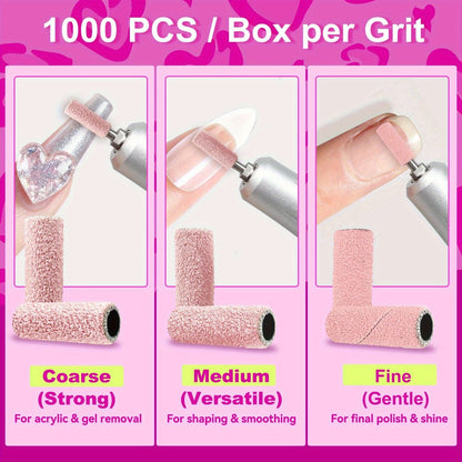 Nail Sanding Bands 1000 Pack with Mandrel Bit – Coarse Medium Fine Grit 3mm Nail Drill Bits for Acrylic Removal, Natural Nail Filing & Smoothing – Professional Manicure Pedicure Salon Nail Care Tools