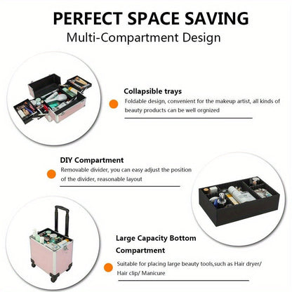 Makeup Train Case Rolling 4-in-1 Aluminum Lockable Trolley with 4 Removable Wheels Collapsible Trays DIY Compartments Telescopic Rod Cosmetic Organizer for Makeup Artists Salon Travel Black Pink Rhinestone