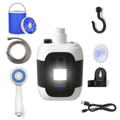 Portable Outdoor Shower with Light 2-in-1 – 2000mAh Rechargeable, Power Display, Spray Nozzle, Hose & Suction Cup – Camping, Hiking, Pet Bathing & Car Cleaning Shower Pump