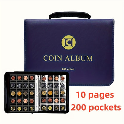 Coin Collection Book with Zipper & Handle 200/320 Pockets – 10/20 Page Coin Storage Album for Currency & Commemorative Coins, Fits 20/25/27/30mm Coins, Black & Blue