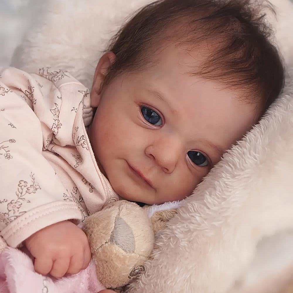 Pink Reborn Baby Doll 16 Inch 42CM Hand-Rooted Brown Hair Cloth Body – Hand-Painted Lifelike Newborn Girl Angie, Gift Set with Pacifier Feeding Container Birth Certificate for Kids Ages 3+ & Collectors