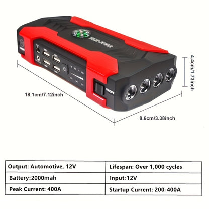 Portable Car Jump Starter 12V – Peak Power Battery Booster Pack for 8.0L Gas & Diesel Engines, USB Charging & LED Emergency Light, Roadside Car Starter Kit