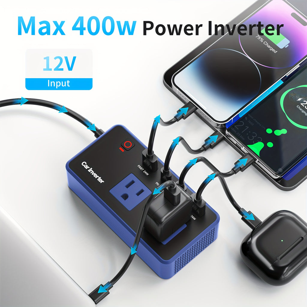 Power Inverter for Vehicles Car Accessories, USB Charger DC 12V to 110V Converter 200W Inverter Car Charger Adapter Outlet with USB Ports 4.8A 24W USB-C USB-A, Car Plug Adapter for Laptop Travel Camping Road Essentials Power Converter