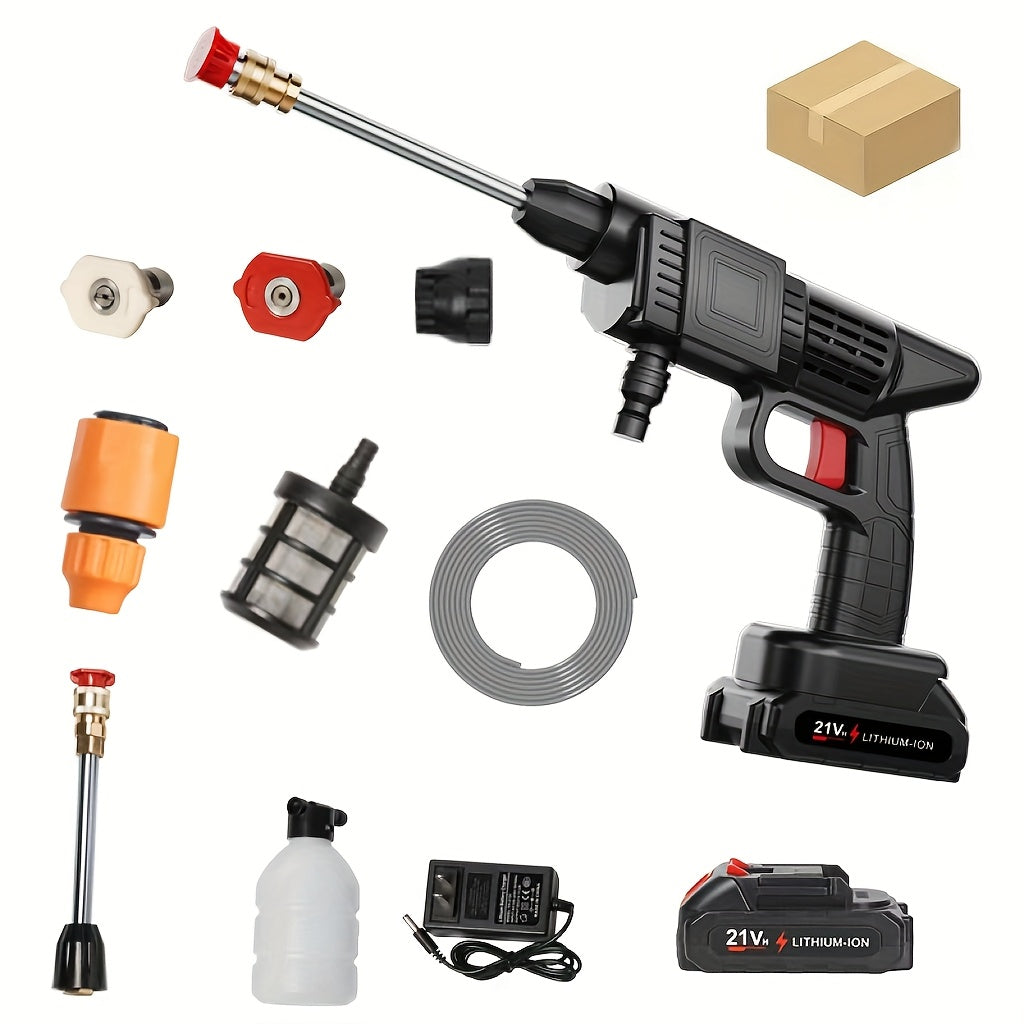 Wireless High-pressure Cleaner with Rechargeable Battery, Available in 1-battery or 2-battery Options. Battery-powered, Suitable for Cars, Yards, Driveways, and Gardens. Features a Green Stainless Steel Foam Nozzle. Portable Electric Car Wash Tool
