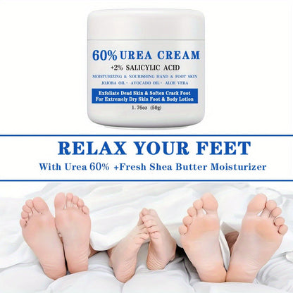 Urea Foot Cream 60% with 2% Salicylic Acid Deep Moisturizing Exfoliating Heel & Hand Lotion – Softens Dry Cracked Skin, Jojoba & Avocado Oil, Hypoallergenic 1.76oz