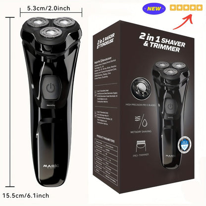 Electric Rotary Shaver for Men – USB Rechargeable Waterproof Cordless with Pop-Up Trimmer, 1-Hour Fast Charge, Stainless Steel Blades, Wet Dry Close Shave, Grooming Gift for Dad Husband Boyfriend