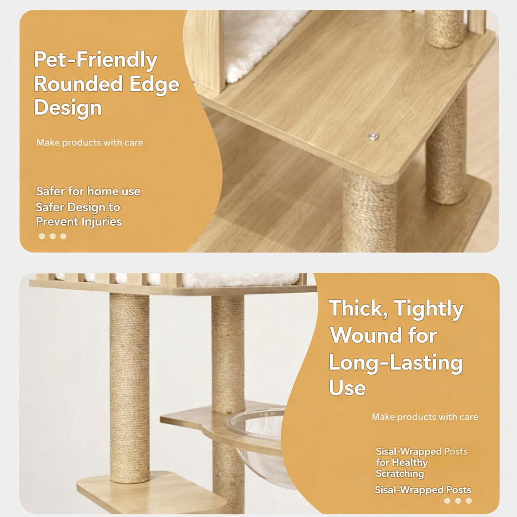 Cat Tree 54 Inch Large Wooden Cat Tower with Space Capsule Multi-Level Cat Condo Sisal Scratching Post for Indoor Cats Luxury Design