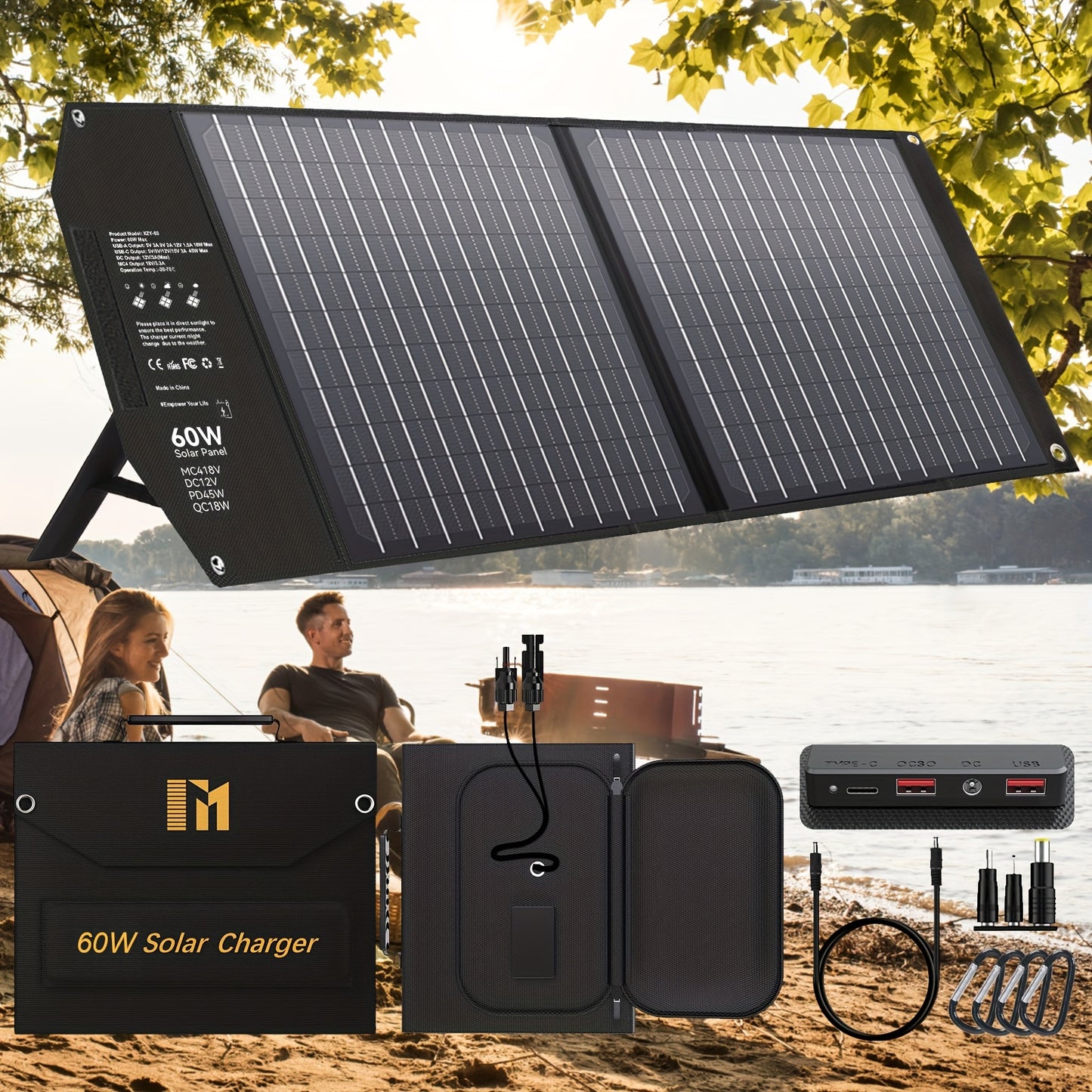 30W/60W/100W Foldable Solar Charger with 18V MC4, Dual Quick Charge USB-A, and High-Speed USB-C PD18W for Adventure