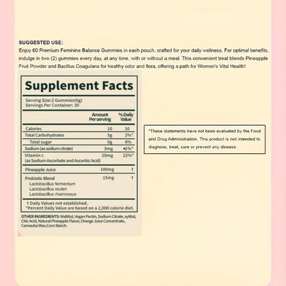 Feminine Balance Gummies for Women - Natural pH Balance, Vaginal Health & Intimate Wellness Support - Hawaiian Pineapple Flavor Daily Supplement - Thoughtful Gift for Women 60 Count