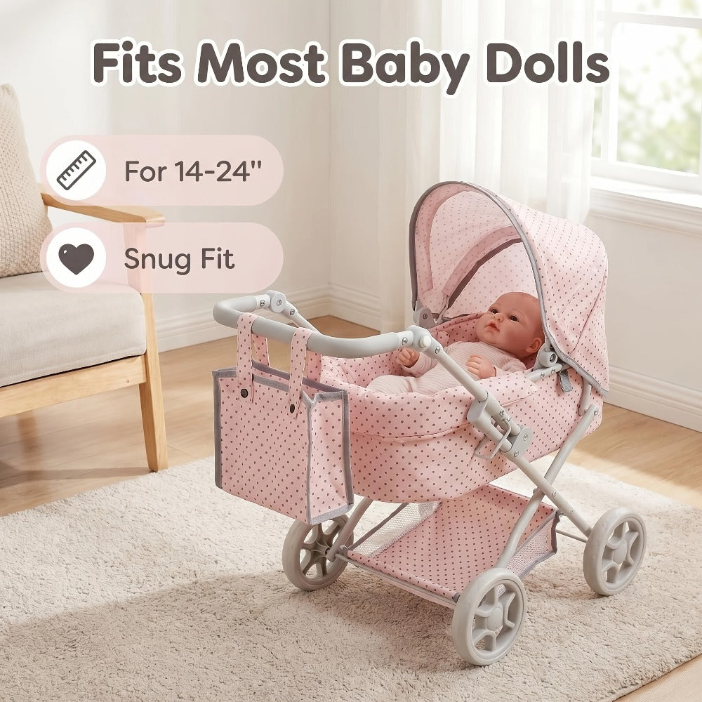3-in-1 Baby Doll Stroller Set Pink Foldable Pram with Bassinet & Carry Bag for 14-24 Inch Dolls Swivel Wheels Adjustable Handle Nursery Role Play Gift for Girls Ages 3-12 (No Doll)