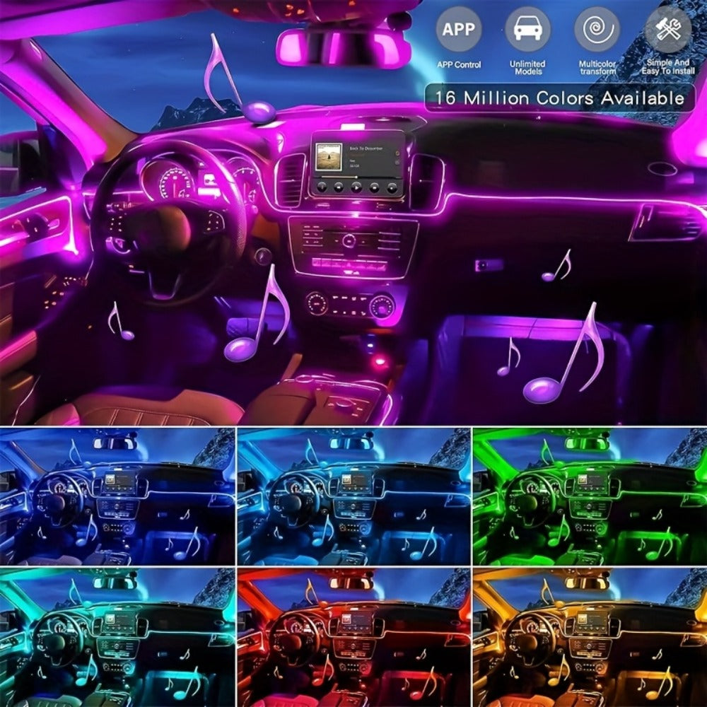 Car Interior Ambient Light Strip 3M, APP Control Music Sync 7-Color LED Atmosphere Lighting Kit for Door Console Dashboard, Rhythm-Reactive Neon Accent Lights for All Vehicles