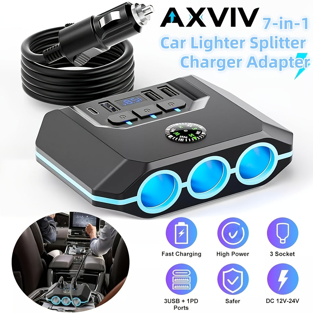 7-in-1 120W Car Charger Adapter, 3-Socket Auto Power Outlet Splitter with Built-In Compass, Type-C PD & 3 USB Fast Charging Ports, Real-Time LED Voltmeter, Independent Switches for 12V-24V Vehicles By AXVIV