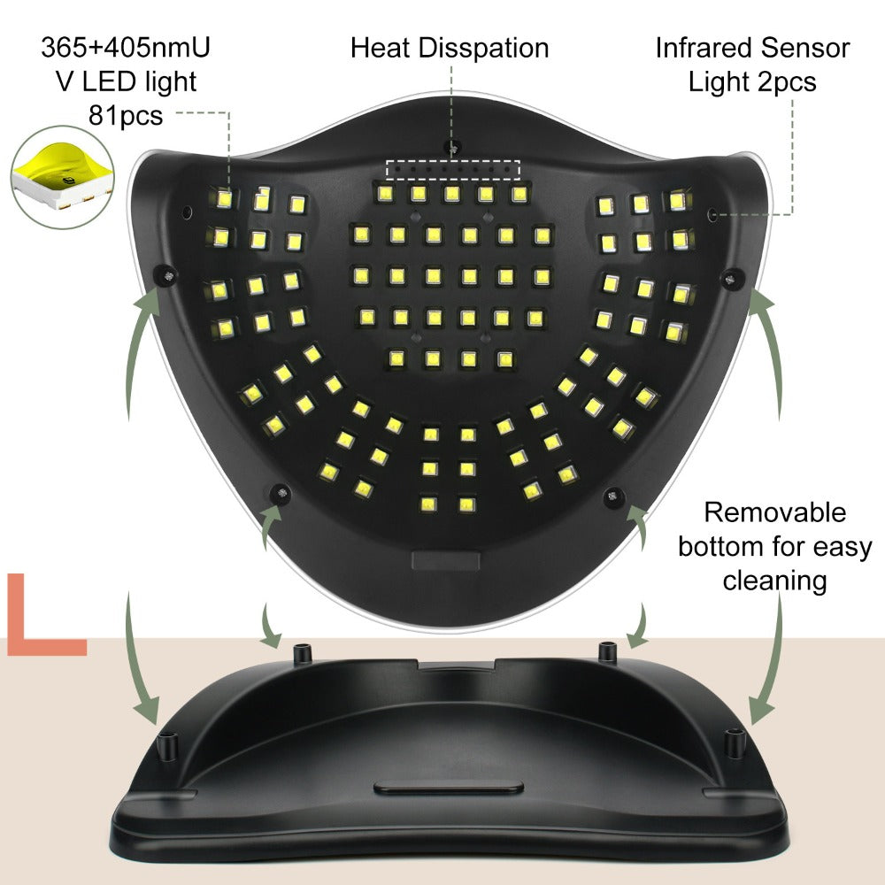380W LED Nail Lamp Auto Sensor LCD Timer 4 Timing Modes 81 LED Beads Fast Gel Curing USB Powered One-Touch Button Low Heat Mode Home Salon Manicure Pedicure All Gel Polish