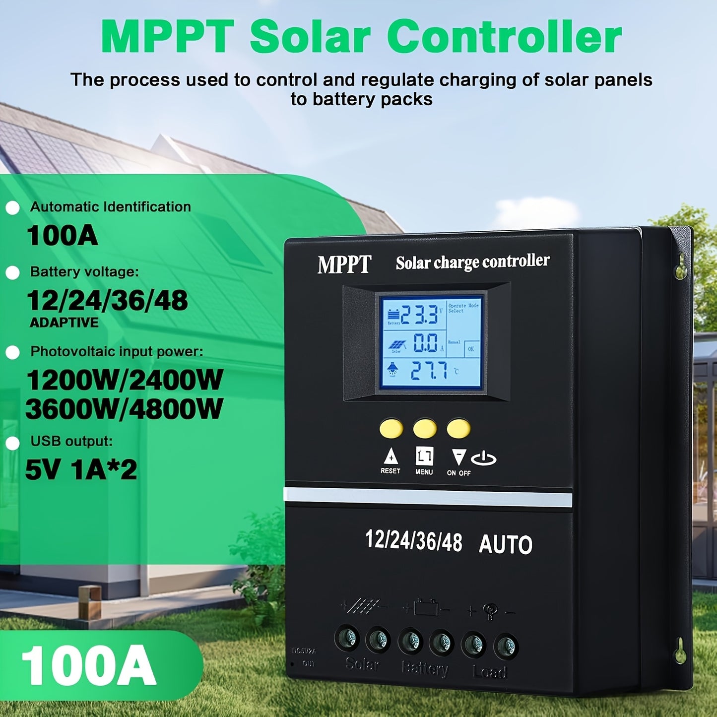 100A MPPT Solar Charge Controller with LCD Display, Auto Tracking, Compatible with Lead-Acid Batteries, Ternary Lithium Batteries, Lithium Iron Phosphate Batteries, Suitable for Off-Grid Solar Systems, Rvs, Ships, Without Battery
