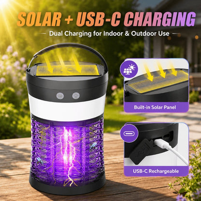 Solar Bug Zapper Electric 3-in-1 – 3000V UV 365nm Mosquito Killer Rechargeable Insect Fly Trap with White Light & Flashlight, 2100 Sq Ft Coverage for Indoor Outdoor Home Patio Backyard Camping – Black