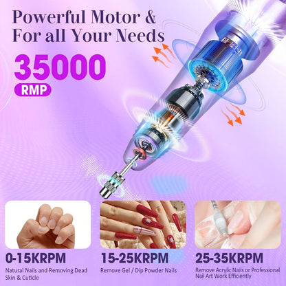 Nail Drill Kit 35000 RPM with 100 Sanding Bands Multiple Drill Bits Electric Nail File for Acrylic Gel Nails Manicure Pedicure Salon Home Use Purple Pink Black