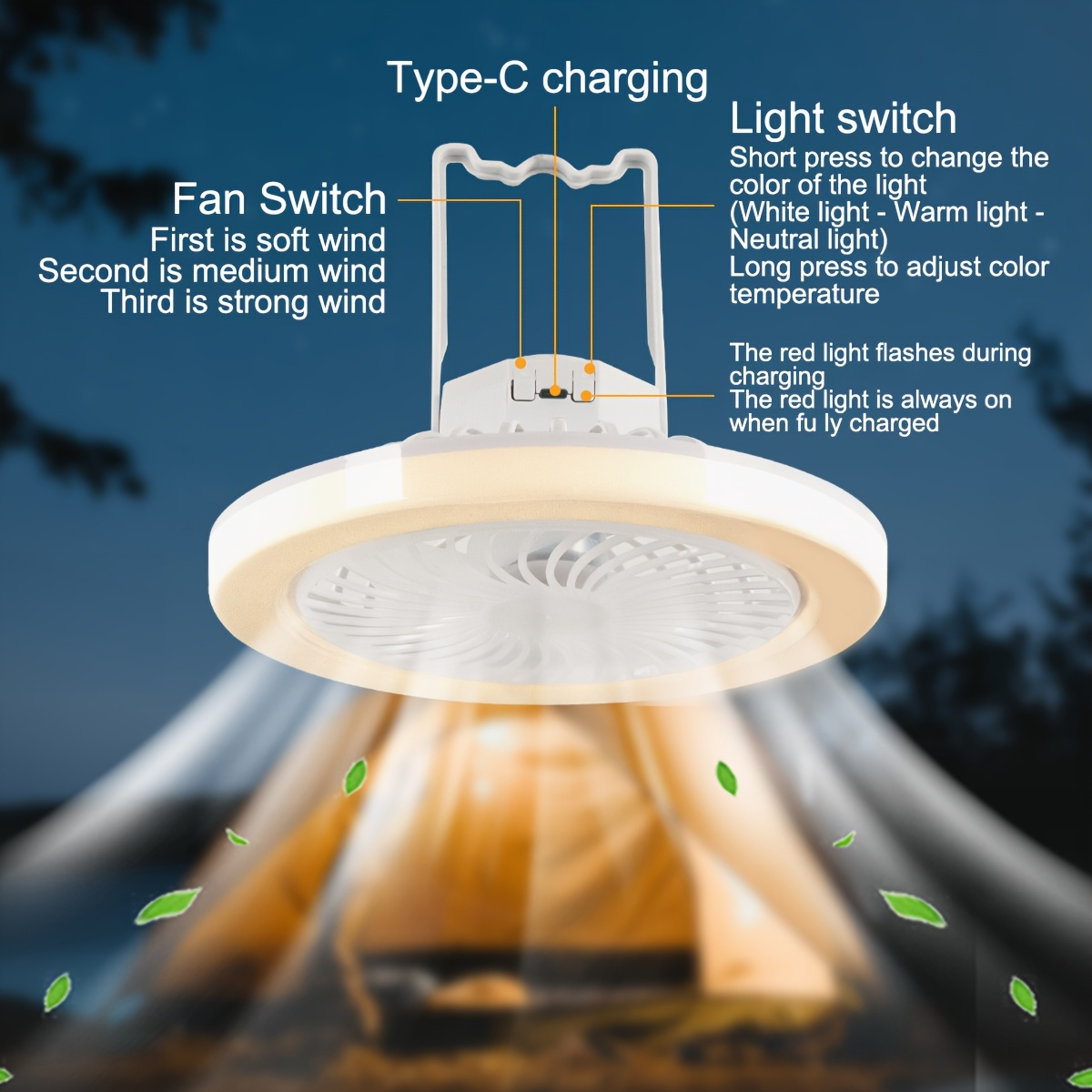 Rechargeable Camping Fan with LED Light – USB Portable Tent Ceiling Fan, Super Quiet Long Battery Life, Strong Airflow, Energy Saving, for Camping, Hiking, Home & Emergency Use, Hanging Outdoor Fan