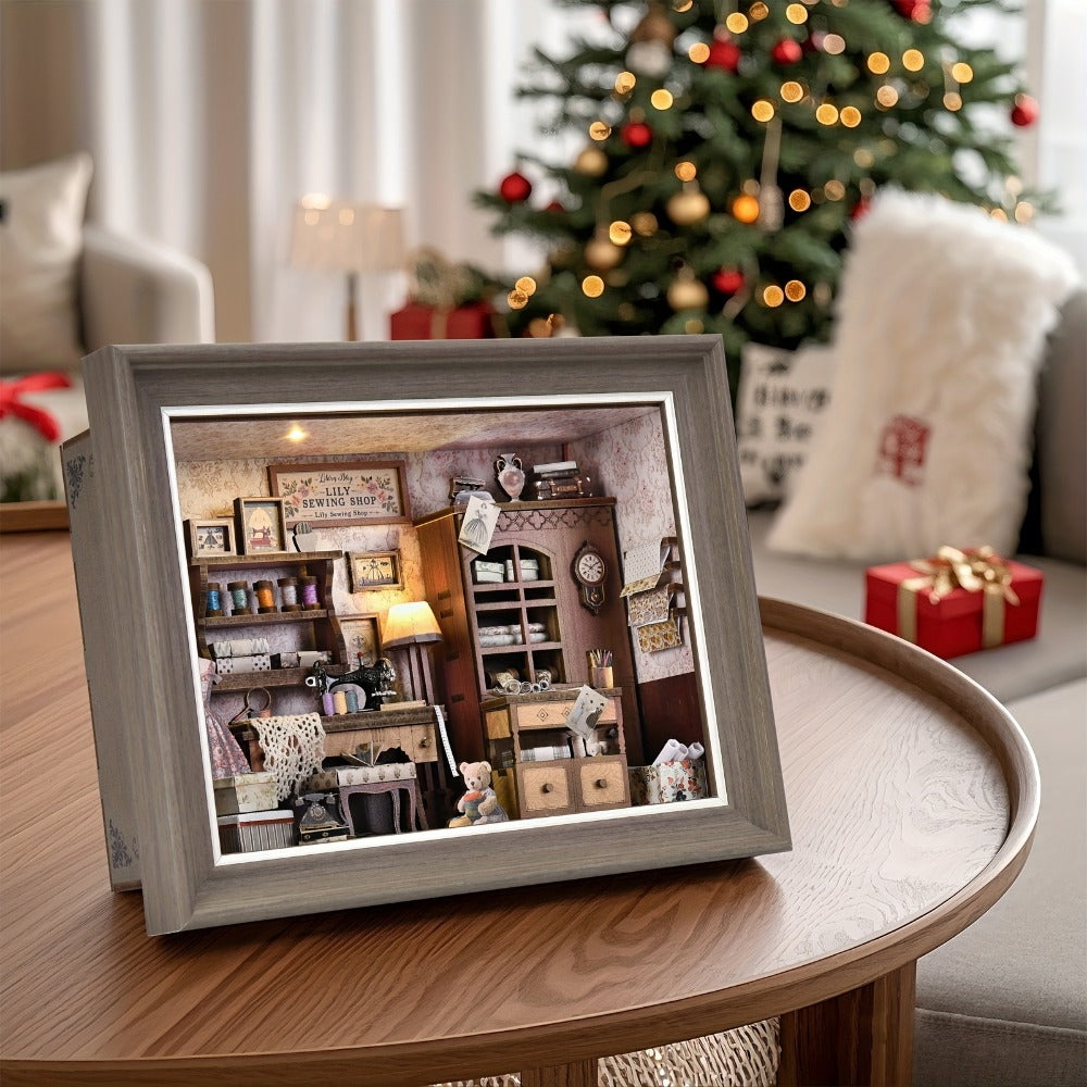 Book Nook Insert Kit DIY 3D Wooden Sewing House Miniature Model Building Set – Bookshelf Decor Craft for Adults Teens, Birthday Christmas Housewarming Gift, Choose Seam House Fireplace or Dwarf Style