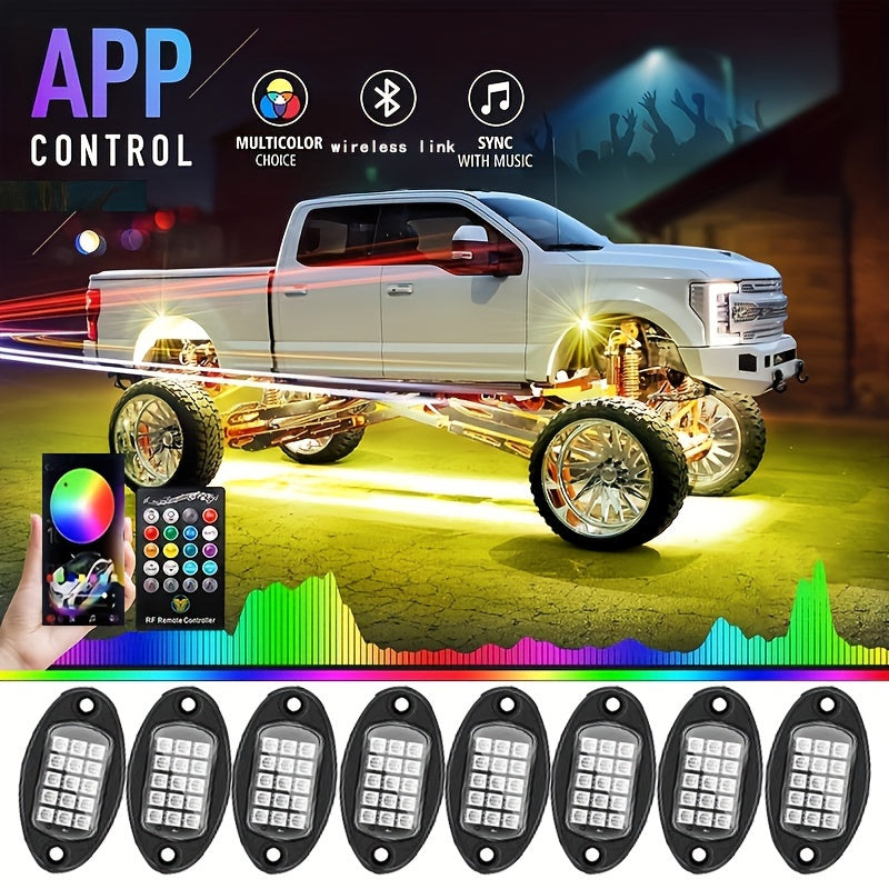 8pcs And 4pcs - 15 LED/8 Pods Metal Alloy Upgraded LED Rock Lights, Suitable for Trucks, RGB LED Rock Lights with APP/music Mode, Suitable for Jeeps, Trucks, UTVs, SUVs And Golf Carts, Neon Light Chassis Kits for Backlights, Car Accessories
