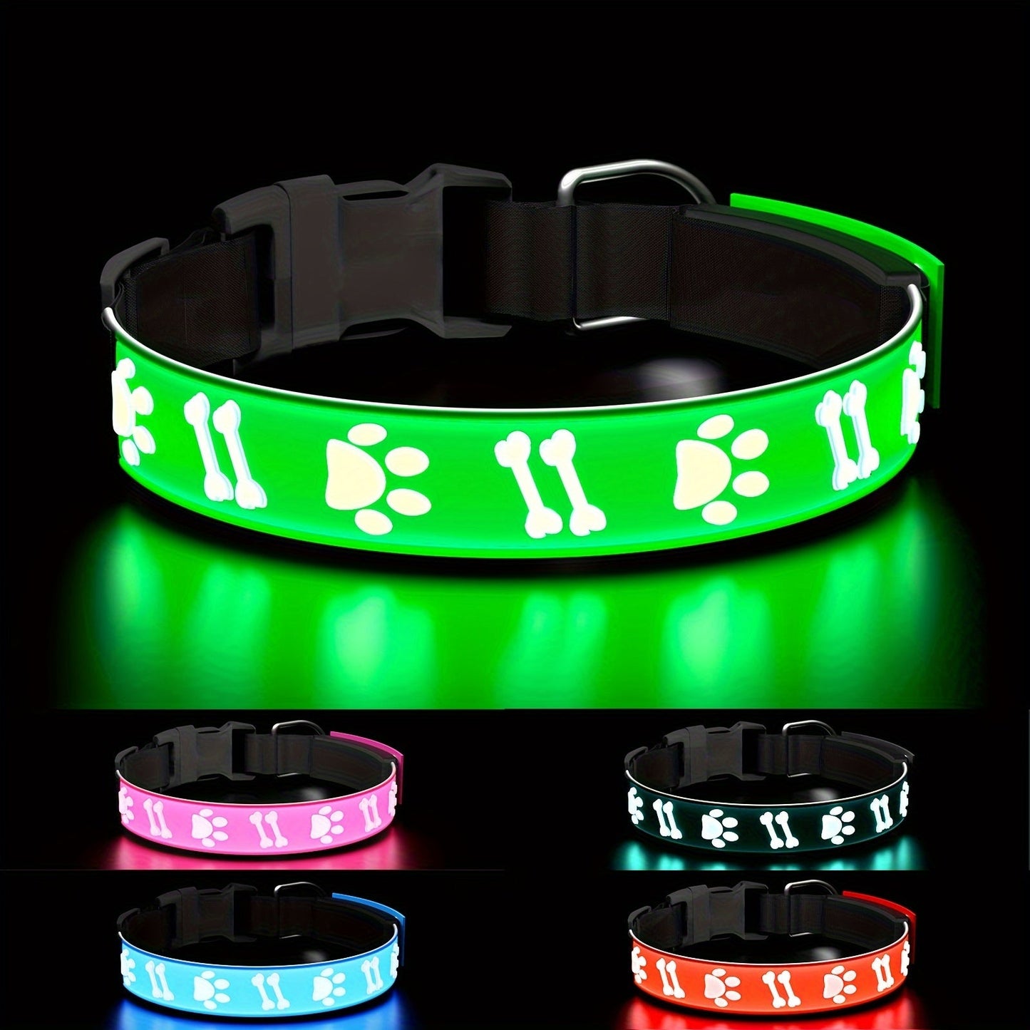 LED Dog Collar USB Rechargeable – 15 Light Modes Adjustable Glow Safety Collar for Nighttime Walks, Soft 3D Flash Pattern Pet Collar, XS–L, Blue, Pink, Red, Black, Green
