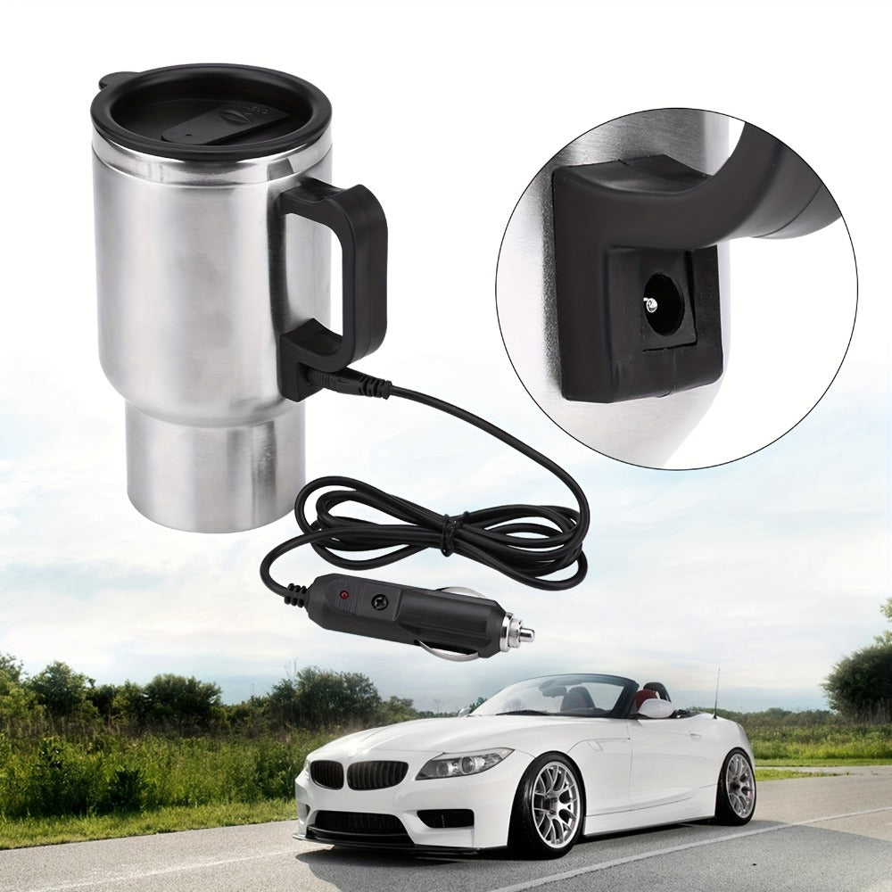 12V Car Electric Heating Travel Mug 450ml, Stainless Steel Car Electric Kettle with Cigarette Lighter Plug, 65°C Keep Warm Coffee Mug Heater for Road Trip Camping